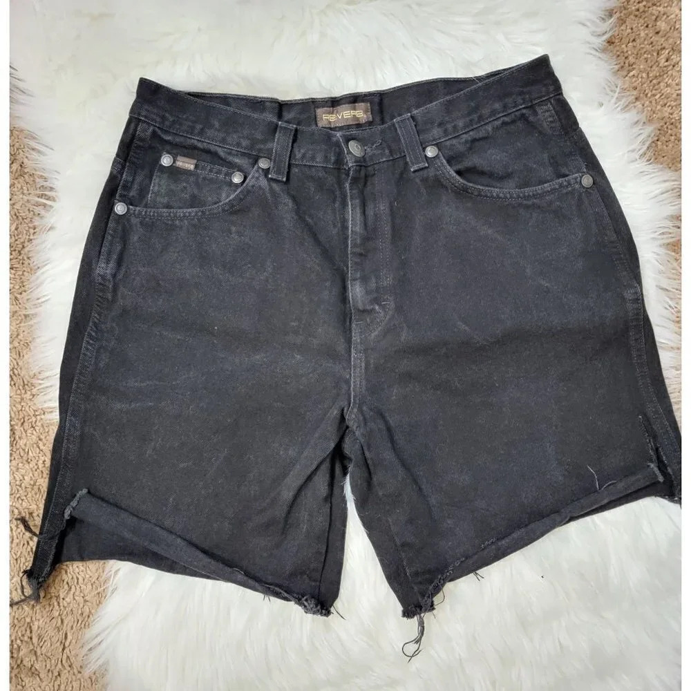 REVERB Cutoff Jean Shorts Black Denim Distressed‎ Raw Hem Hi Rise Mens Sz 32